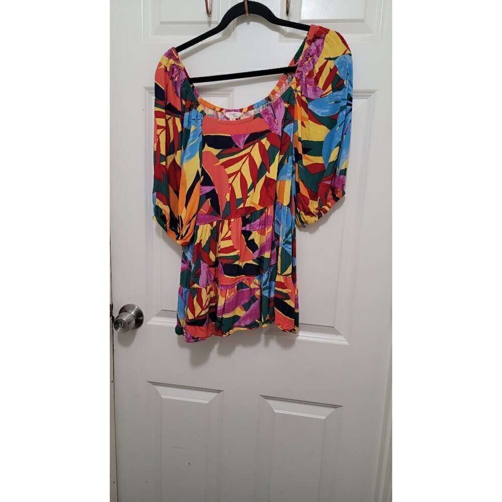 Terra & Sky Tropical Leaf Print Tiered‎ Babydoll Top Womens 0X 14W Multicolor